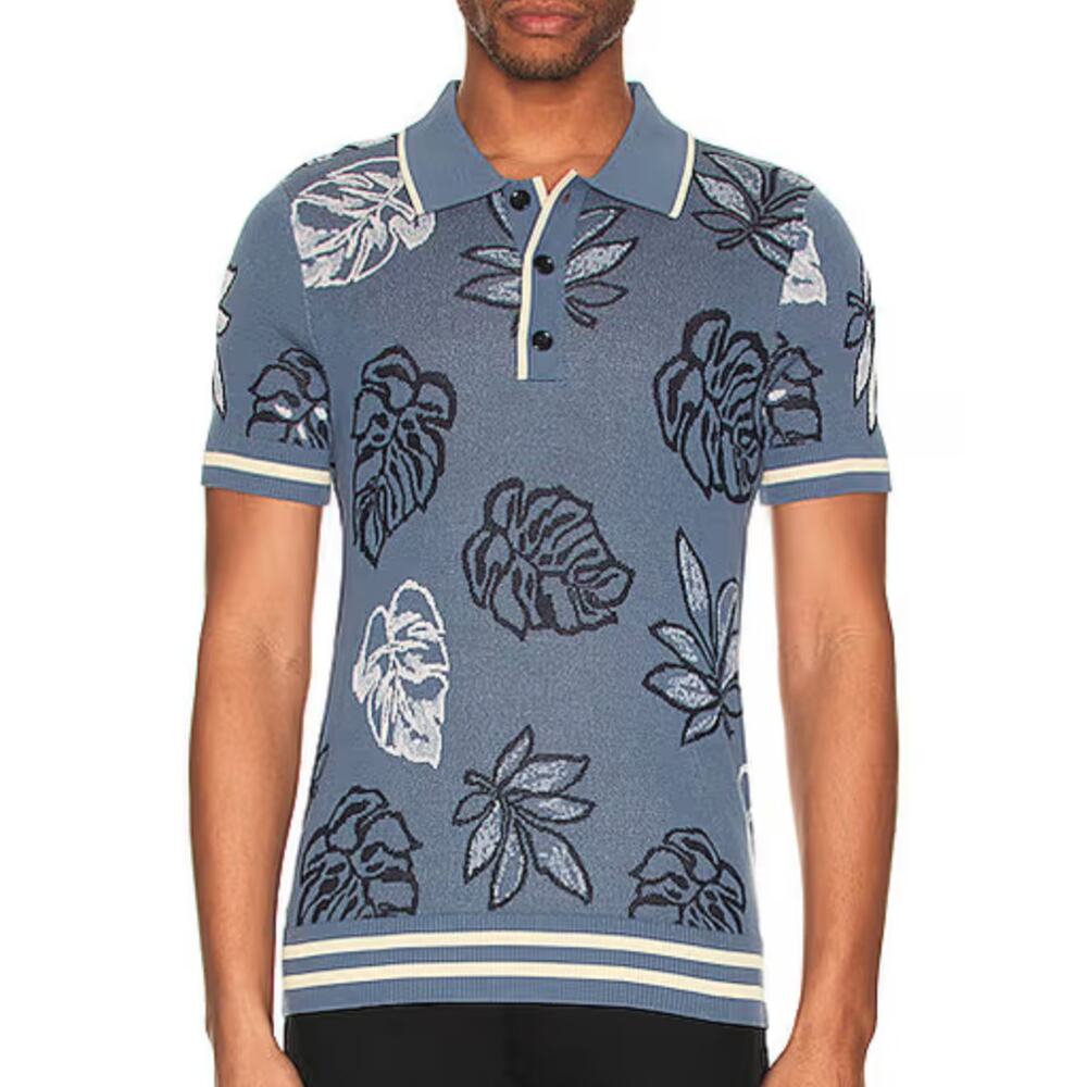 SEROYA Calan Polo Shirt Leaf Print Cotton Knit Short Sleeve Resort Party Beach
